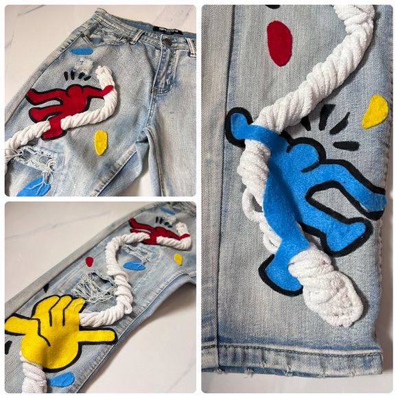 Vintage Public Supply co customized ripped Jeans embellished pop Art streetwear - Picture 12 of 16